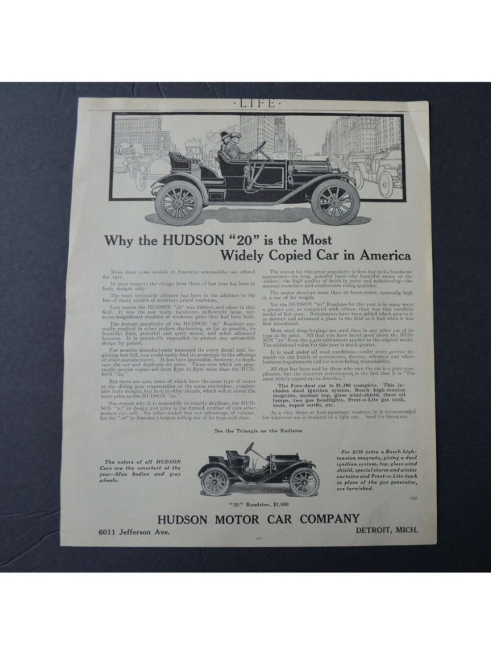 Antique 1911 Life Magazine Advertisement Hudson Motor Car Co. & Locomobile